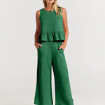 Zeagoo 2 Piece Outfits Sleeveless Ruffle Tank Crop Top and Wide Leg Pants Lounge Set with Pockets
