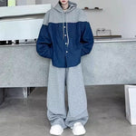 Contrast Color Stitching Hooded Drawstring Shirt Casual Sweatpants Two-piece Set