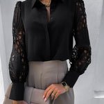 Zeagoo Elegant Lace V-NeckShirt Solid Color Hollow Out Long Sleeve Patchwork Blouse