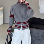 Contrast Striped Diagonal Zip-up Turtleneck Sweater