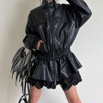 Threaded Elastic Waist Ruffled Leather Jacket