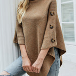 Zeagoo Button Detail Turtleneck Batwing Sleeve Knit Poncho