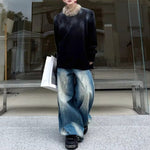 American Distressed Spray-painted Fur Collar Sweater