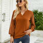 Zeagoo V Neck Tops Solid Color Blouse Long Sleeve Pullover Lace Patchwork Shirt