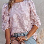 Zeagoo Five Quarter Sleeves Puff Sleeves Round Neck Top Chiffon Loose Flower Texture Casual Shirt