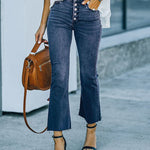 Zeagoo Buckle Design High-waisted Micro-flared Jeans Casual Cropped Pants