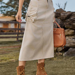 Zeagoo Women's Casual High Waist Denim Midi Skirt Drawstring Adjustable Long Jeans Skirt with Pockets