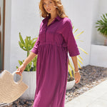 Zeagoo Women's Casual Lapel Neck Button Long Sleeve Drawstring Cotton Linen Shirt Dress