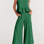 Zeagoo 2 Piece Outfits Sleeveless Ruffle Tank Crop Top and Wide Leg Pants Lounge Set with Pockets