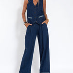 Zeagoo Casual Denim Two-piece Set Sleeveless Vest and Long Wide-leg Jeans Pants