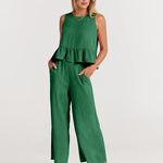 Zeagoo 2 Piece Outfits Sleeveless Ruffle Tank Crop Top and Wide Leg Pants Lounge Set with Pockets