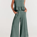 Zeagoo 2 Piece Outfits Sleeveless Ruffle Tank Crop Top and Wide Leg Pants Lounge Set with Pockets