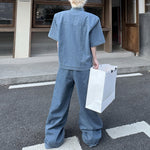 Stand Collar Beaded Denim Shoulder Pad Short Sleeve Wide Leg Trousers Two Piece Set