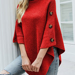 Zeagoo Button Detail Turtleneck Batwing Sleeve Knit Poncho