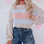 Zeagoo Contrast Color Top Leopard Print Round Neck Long Sleeve Sweatshirt