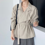 Striped Stand Collar Tie-Waist Long Sleeve Shirt