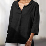 Zeagoo Lapel Neck Loose Fit V-Neck Tops Summer Casual 3/4 Sleeve Asymmetrical Hem Blouse