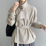 Striped Stand Collar Tie-Waist Long Sleeve Shirt