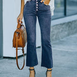 Zeagoo Buckle Design High-waisted Micro-flared Jeans Casual Cropped Pants