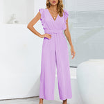 Zeagoo Women's Casual Loose Jumpsuit V Neck Sleeveless Solid Ruffle Pleated Wide-leg Long Playsuit with Belt