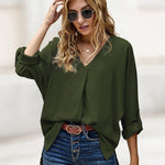 Zeagoo V-Neck Long Sleeve Buckle T-Shirt Plain Shirts Shirt Top Elegant Shirts Casual Slim Fit Basic
