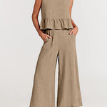 Zeagoo 2 Piece Outfits Sleeveless Ruffle Tank Crop Top and Wide Leg Pants Lounge Set with Pockets