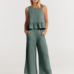 Zeagoo 2 Piece Outfits Sleeveless Ruffle Tank Crop Top and Wide Leg Pants Lounge Set with Pockets
