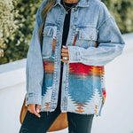 Zeagoo Aztec Lapel Long Sleeve Retro Western Denim Jacket