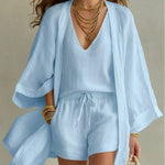 Charlotte | Three-piece set: loose-fitting cardigan and drawstring shorts