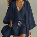 Charlotte | Three-piece set: loose-fitting cardigan and drawstring shorts