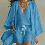 Charlotte | Three-piece set: loose-fitting cardigan and drawstring shorts