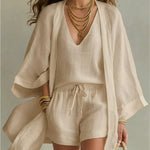 Charlotte | Three-piece set: loose-fitting cardigan and drawstring shorts