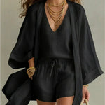 Charlotte | Three-piece set: loose-fitting cardigan and drawstring shorts