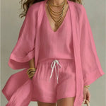 Charlotte | Three-piece set: loose-fitting cardigan and drawstring shorts