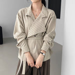 Striped Stand Collar Tie-Waist Long Sleeve Shirt