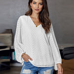 Zeagoo Sweet Cute Blouse Loose Puff Sleeve Mesh Patchwork V-Neck Top