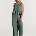 Zeagoo 2 Piece Outfits Sleeveless Ruffle Tank Crop Top and Wide Leg Pants Lounge Set with Pockets
