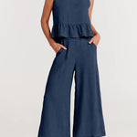Zeagoo 2 Piece Outfits Sleeveless Ruffle Tank Crop Top and Wide Leg Pants Lounge Set with Pockets