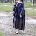 Loose Pleated Lantern Sleeve Color-block Dress