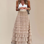 Zeagoo Women's A-Line Patchwork Mesh Cake Skirt Casual Solid Color High Waist Loose Ruffled Pleated Long Tulle Skirt