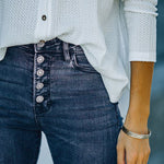 Zeagoo Buckle Design High-waisted Micro-flared Jeans Casual Cropped Pants