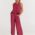 Zeagoo 2 Piece Outfits Sleeveless Ruffle Tank Crop Top and Wide Leg Pants Lounge Set with Pockets