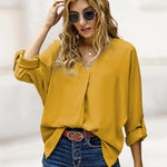 Zeagoo V-Neck Long Sleeve Buckle T-Shirt Plain Shirts Shirt Top Elegant Shirts Casual Slim Fit Basic