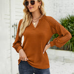 Zeagoo V Neck Tops Solid Color Blouse Long Sleeve Pullover Lace Patchwork Shirt