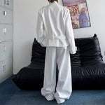 Deconstructed Button Belt-embellished Jacket Wide-leg Trousers Two-piece Suit