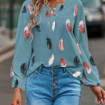 Zeagoo Loose V-Neck Feather Print Notched Neck Balloon Sleeve Shirt for Women Casual Work Office Loose Fit 2026 | Under $40