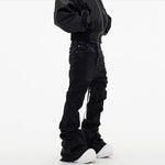 Dark Waxed Coated Ribbon Slightly Flared Mopping Stacked Denim Trousers