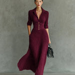 Elvire | Long Pleated Dress with Lapels and High Waist