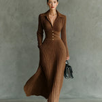 Elvire | Long Pleated Dress with Lapels and High Waist