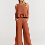 Zeagoo 2 Piece Outfits Sleeveless Ruffle Tank Crop Top and Wide Leg Pants Lounge Set with Pockets